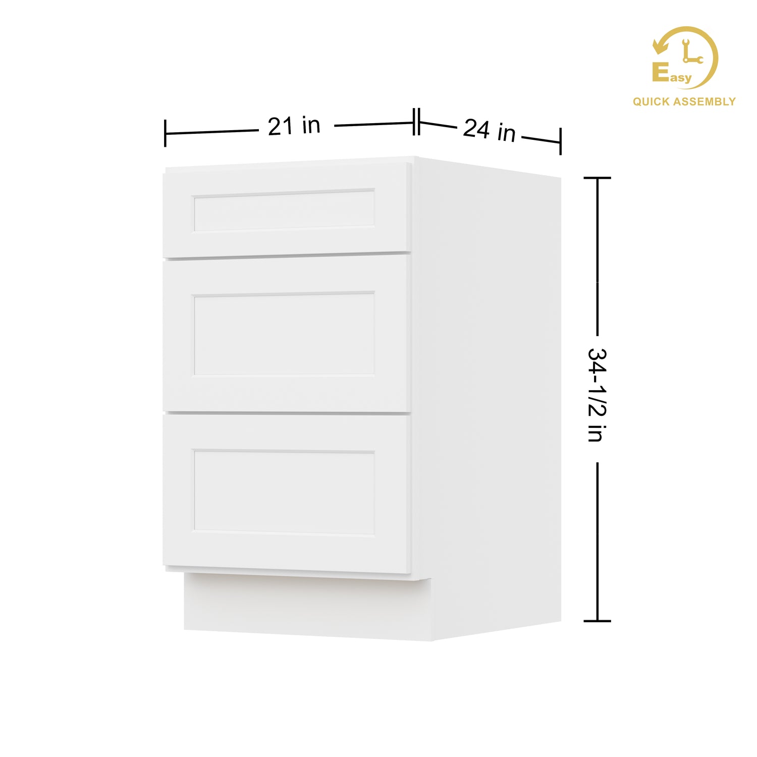 3DB21 Shaker White Three Drawer Base Cabinet