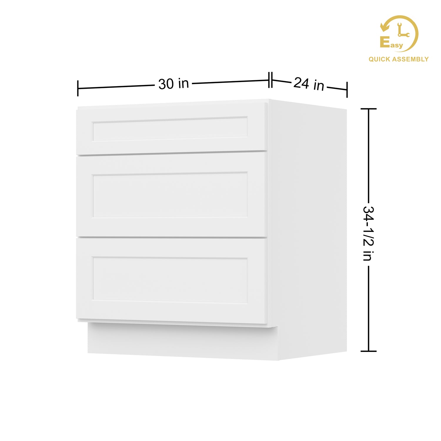3DB30 Shaker White Three Drawer Base Cabinet