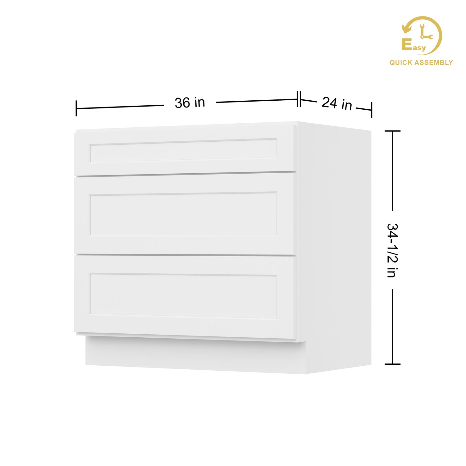 3DB36 Shaker White Three Drawer Base Cabinet