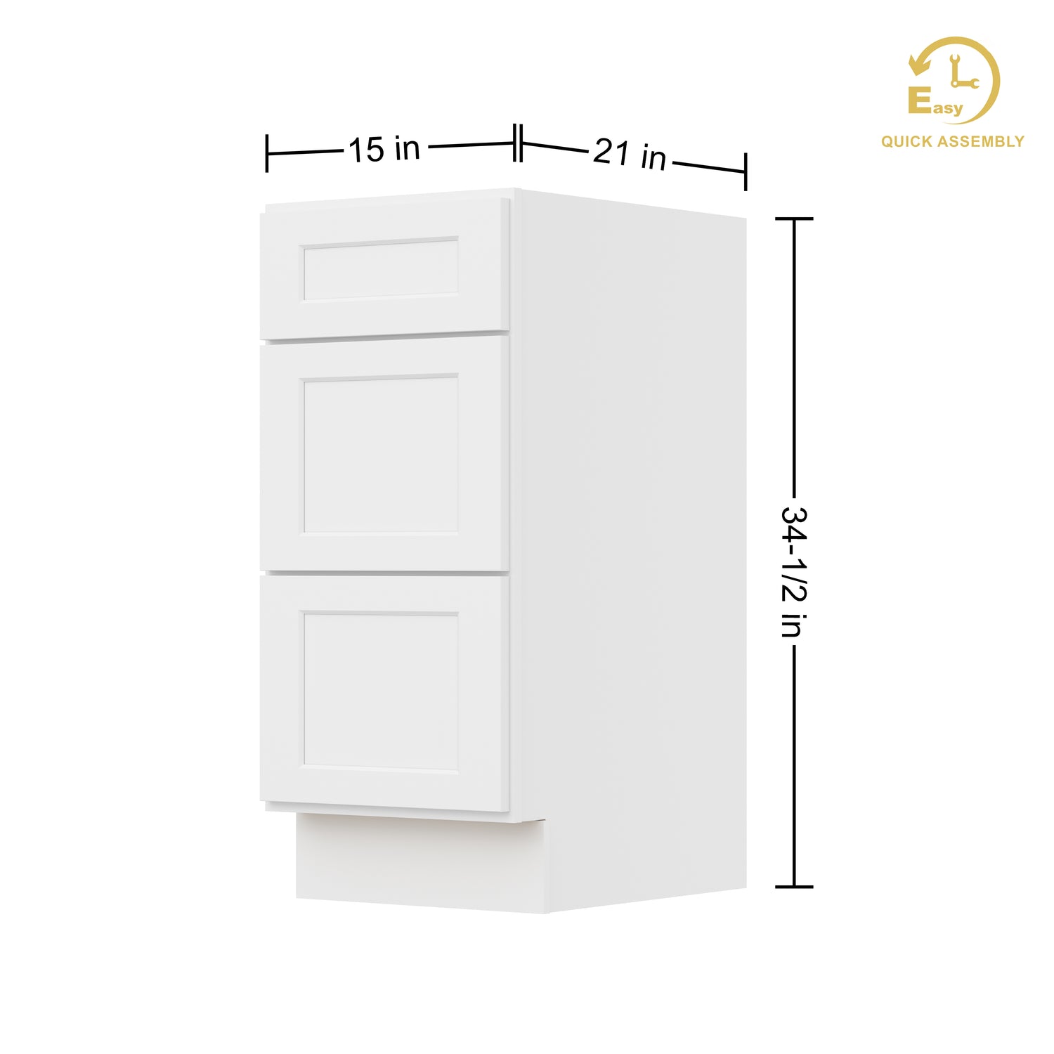 3VDB15 Shaker White Three Drawer Vanity Base Cabinet