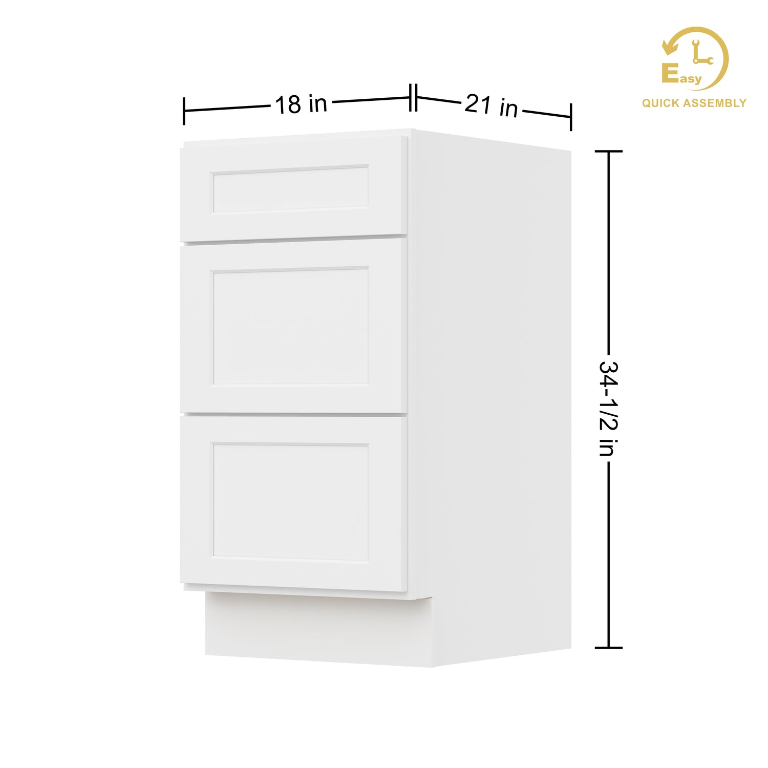 3VDB18 Shaker Antique White Three Drawer Vanity Base Cabinet