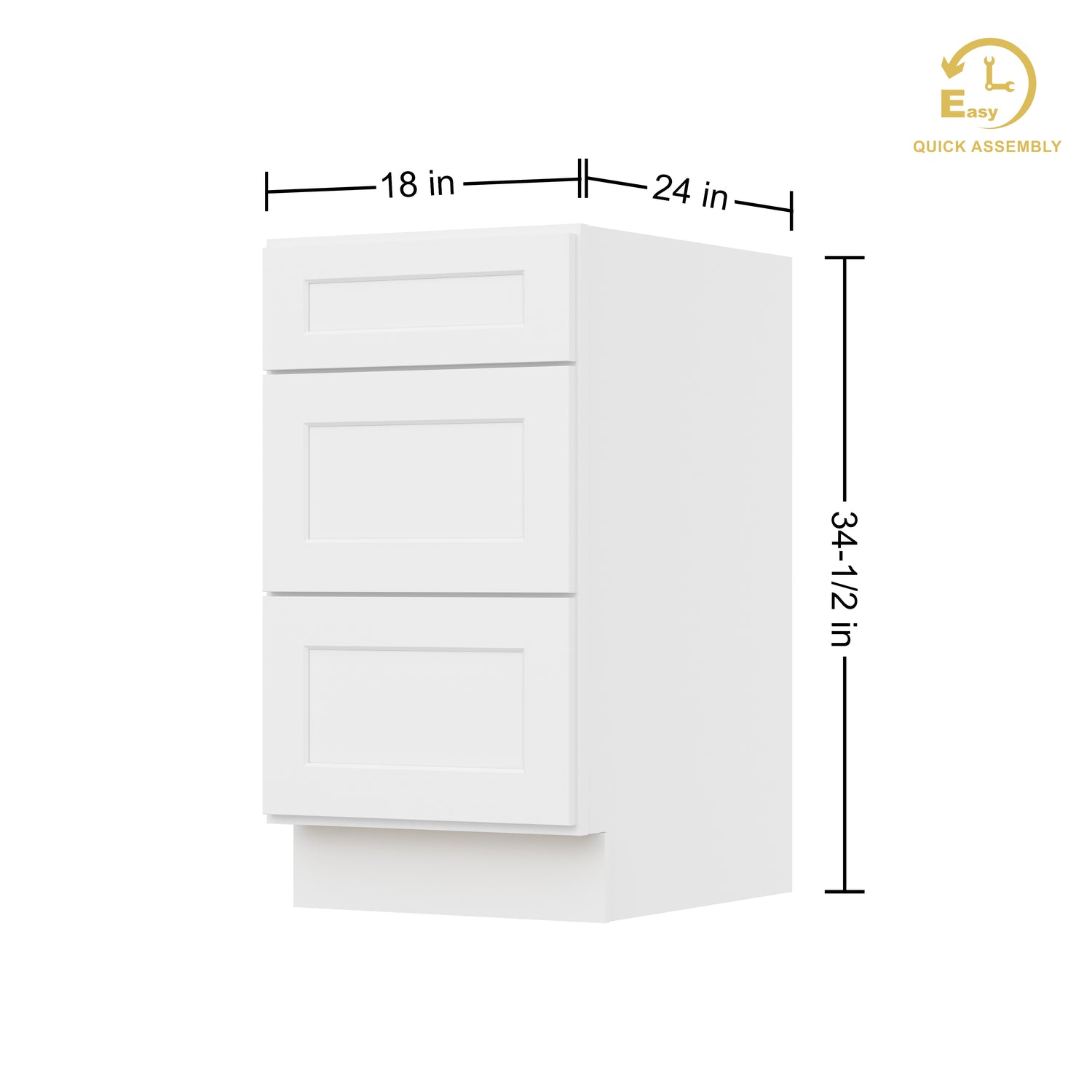 3DB18 Shaker White Three Drawer Base Cabinet
