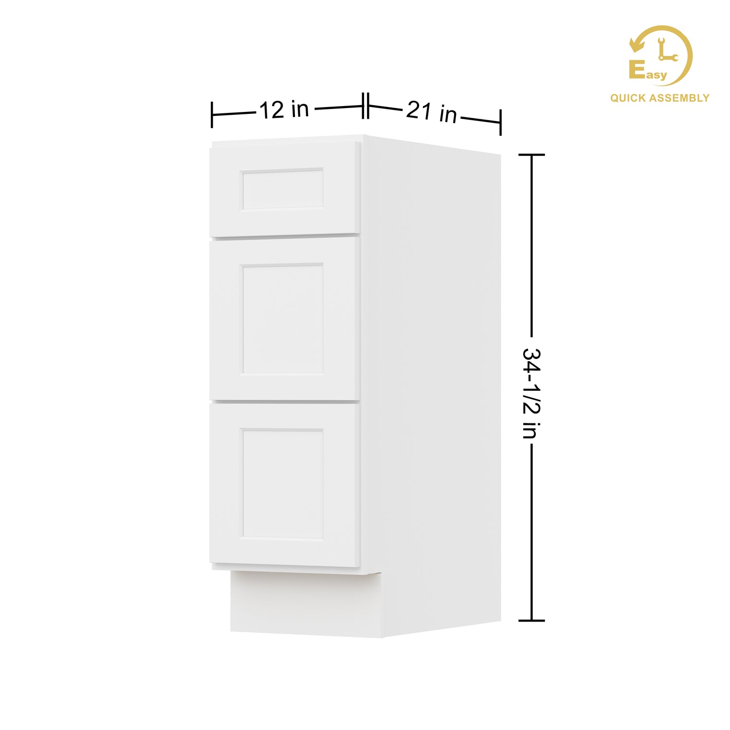 3VDB12 Shaker White Three Drawer Vanity Base Cabinet