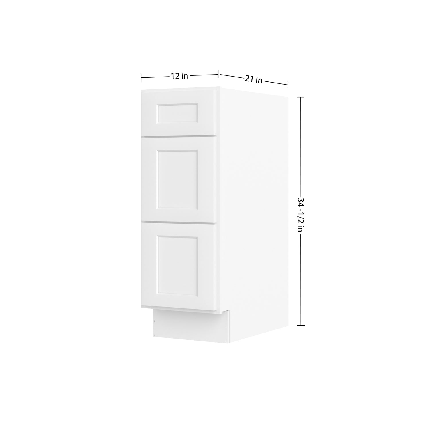 3VDB12 Shaker White Three Drawer Vanity Base Cabinet