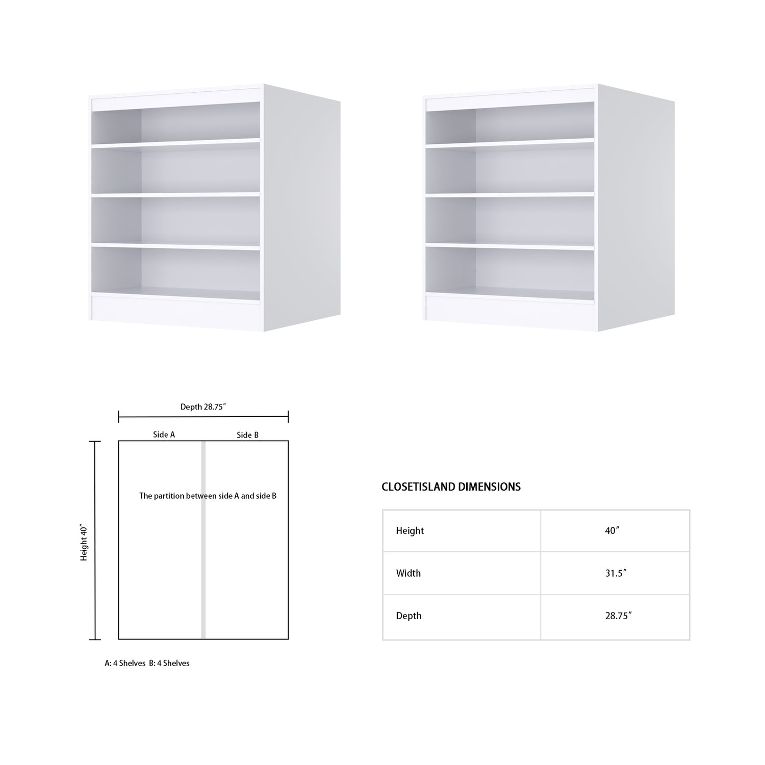 Closet Silo - Closet Island in White Side A Shelves Side B Shelves