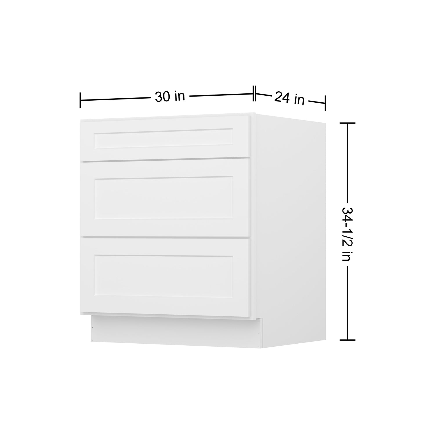 3DB30 Shaker White Three Drawer Base Cabinet