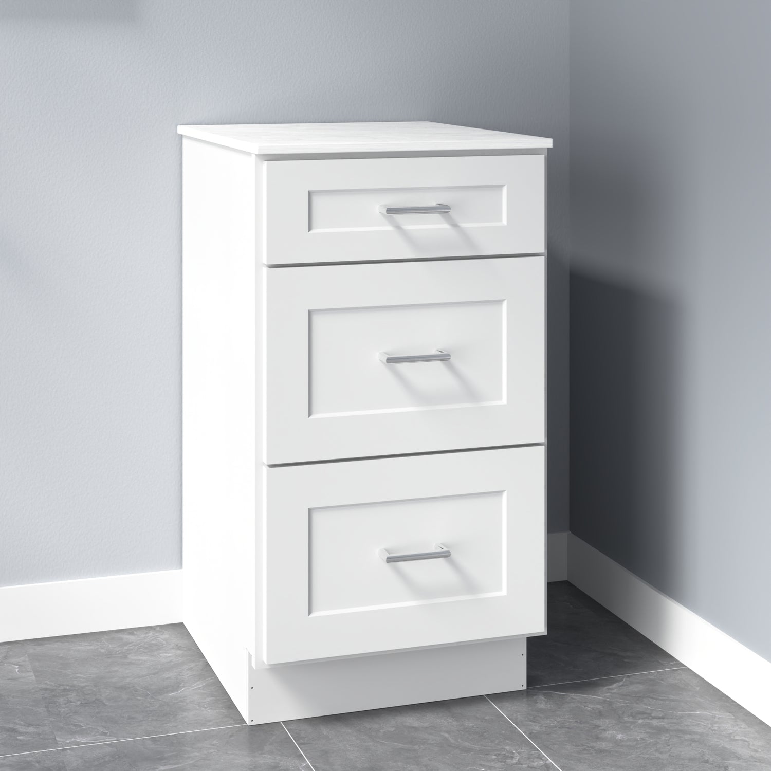 3VDB18 Shaker Antique White Three Drawer Vanity Base Cabinet